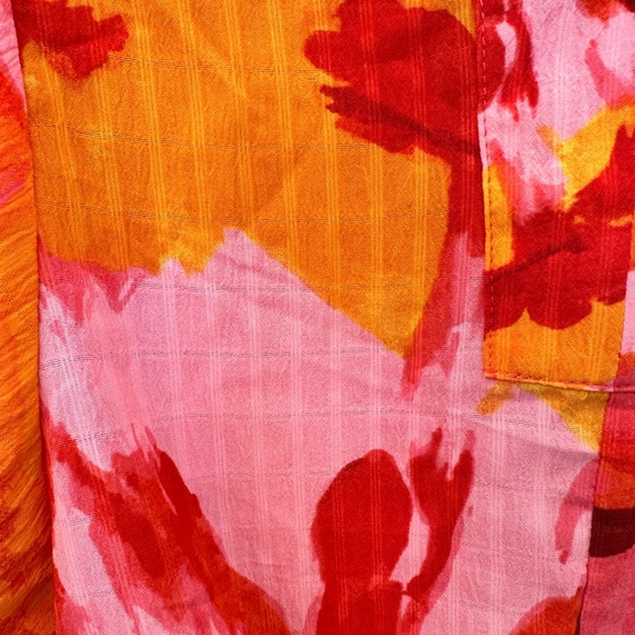 Rose + Olive Floral Balloon Sleeve Tie Front Blouse Orange Pink XS - Picture 4 of 6